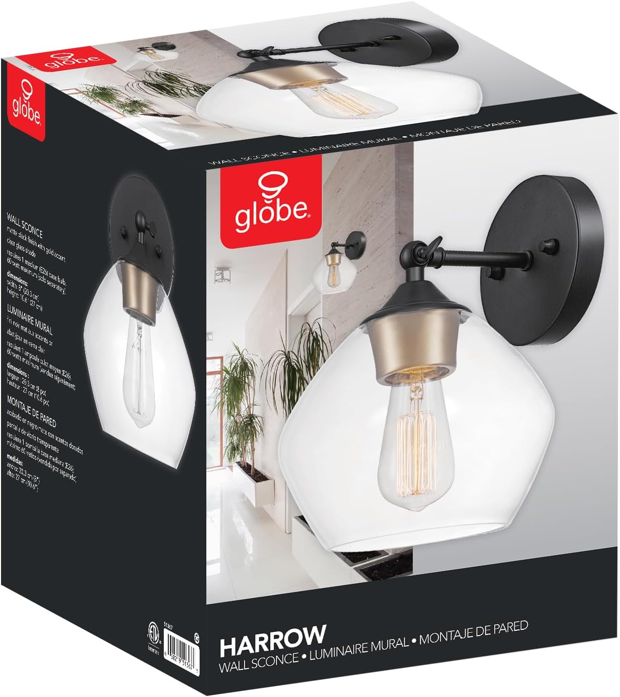 Globe Electric 058219513675 | Harrow 1-Light Matte Black Wall Sconce w/Clear Glass Shade
