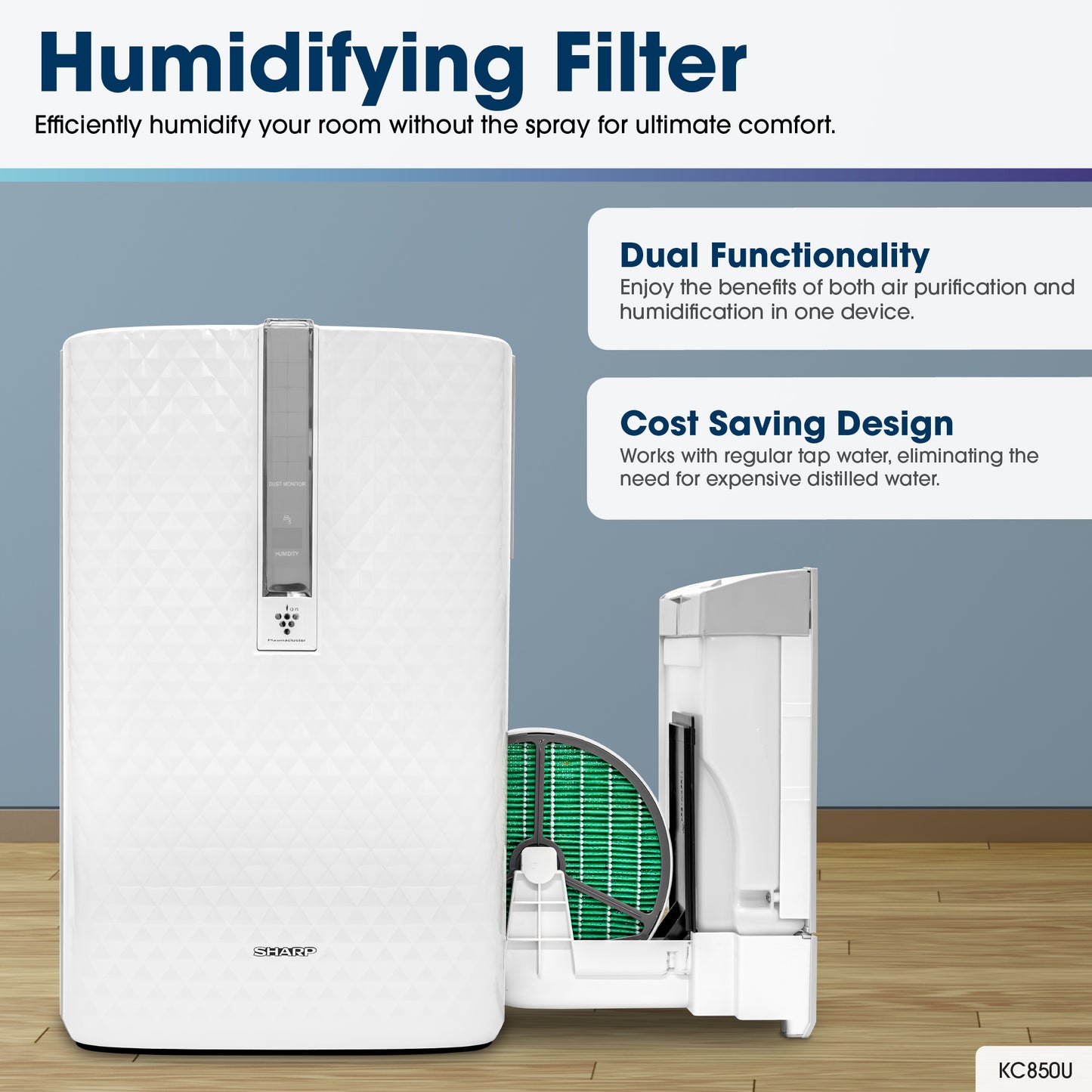 Sharp Plasmacluster Ion Air Purifier with True HEPA + Humidifier for Medium Rooms (KC850U)
