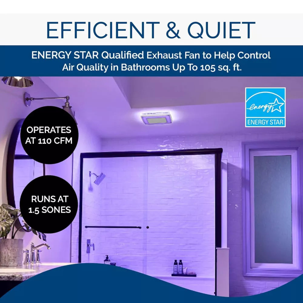 Broan-NuTone AERN110RGBL | ChromaComfort 110 CFM Ceiling Bathroom Exhaust Fan w/ Customizable Multi-Color LEDs and Smart Phone App