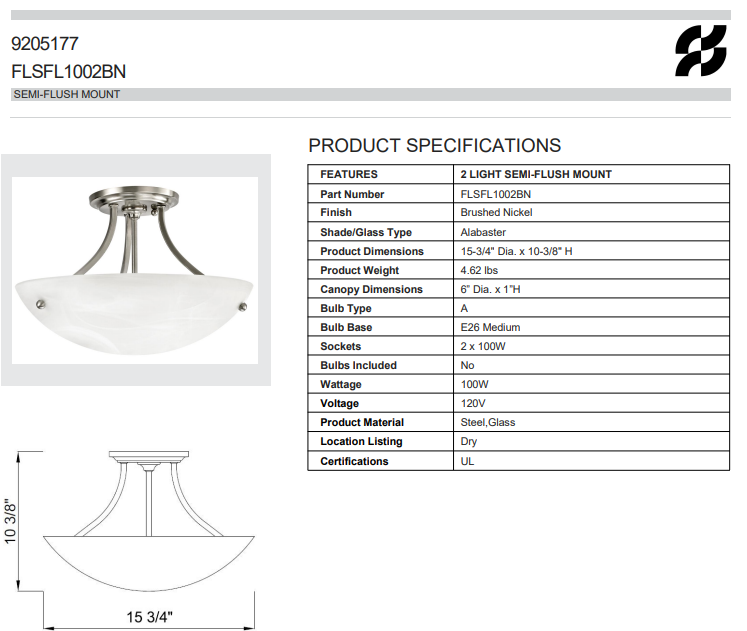 Miseno FLSFL1002BN | 2-Light Flush Mount Ceiling Fixture in Brushed Nickel