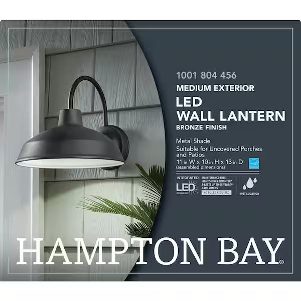 Hampton Bay 1001 804 456 | 10 in. Bronze Integrated LED Barn Light Hardwired Outdoor Wall Light Lantern Sconce