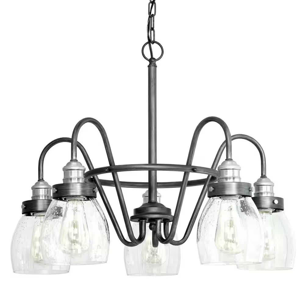 Progress Lighting 1002 788 483 | Crofton Collection 5-light Rustic Pewter Chandelier with Brushed Nickel Accents and Clear Seeded Glass