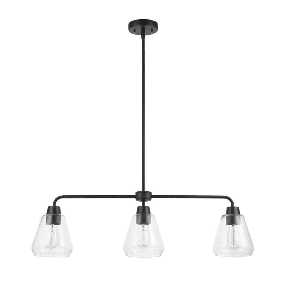 Hampton Bay 6700 0062 | Granby 3-Light Matte Black Linear Chandelier with Glass Shades