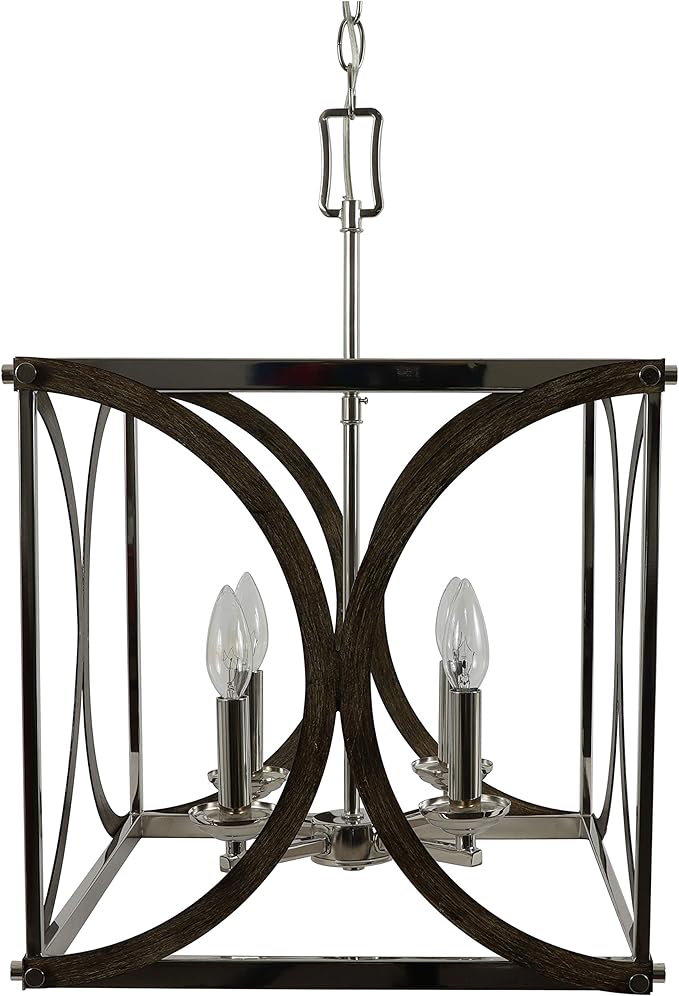 Decor Therapy CH1972 | Leith 4-Light Polished Nickel and Wood Modern/Contemporary Square Hanging Pendant Light