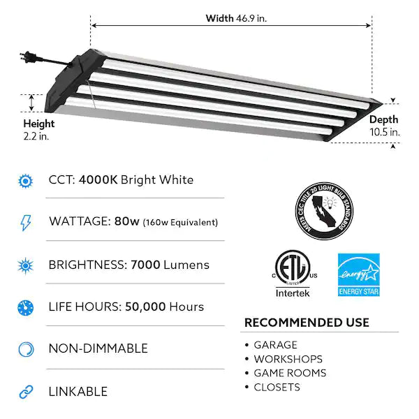 Commercial Electric 1003 622 076 | 4 ft. 80-Watt 4000K Bright White 4-Light 7000 Lumens Gray Integrated LED Linkable Hanging Shop Light with Pull Chain