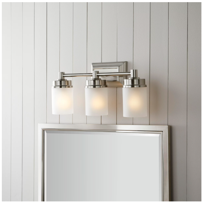 Hampton Bay 1001 220 862 | Cade 20.25 in. 3-Light Brushed Nickel Bathroom Vanity Light Fixture with Frosted Glass Shades