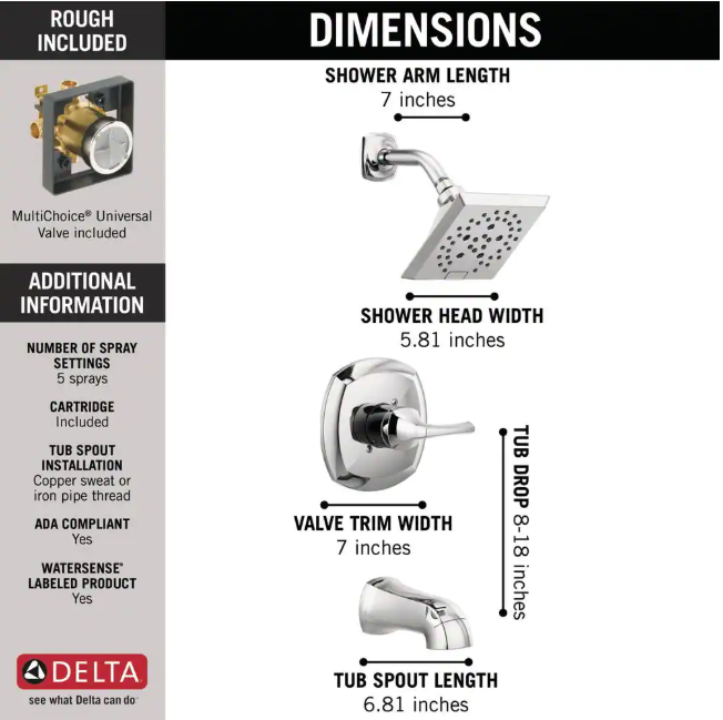 Delta 1004945062 | Portwood Single-Handle 5-Spray Tub and Shower Faucet with H2Okinetic in Chrome (Valve Included)