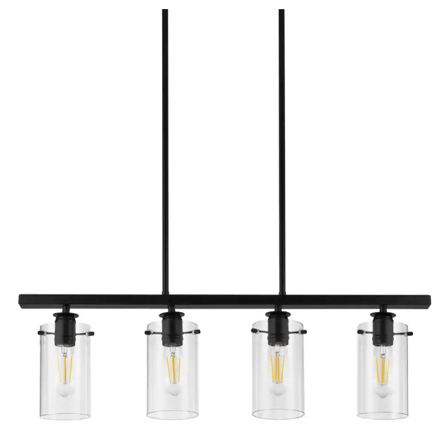 Hampton Bay 1006 322 810 | Regan 4-Light Matte Black Island Chandelier with Clear Glass Shades, Industrial Linear Kitchen Pendant Light