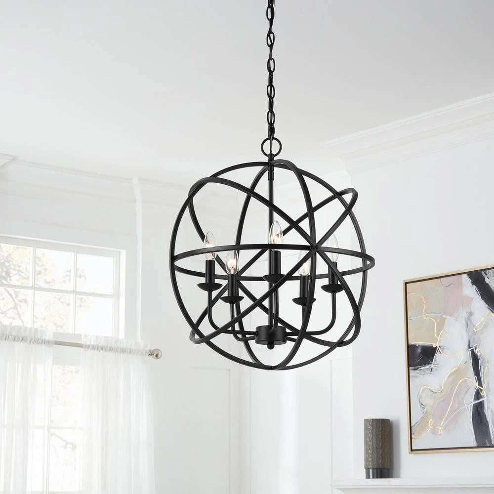 Home Decorators Collection 1004 161 095 | Sarolta Sands 5-Light Black Chandelier Light Fixture with Caged Globe Metal Shade
