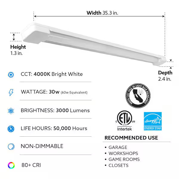 Commercial Electric 1003 235 453 | 3 ft. 30-Watt 4000K Bright White 1-Light 3000 Lumens White Integrated LED Hanging Shop Light Fixture with Power Cord