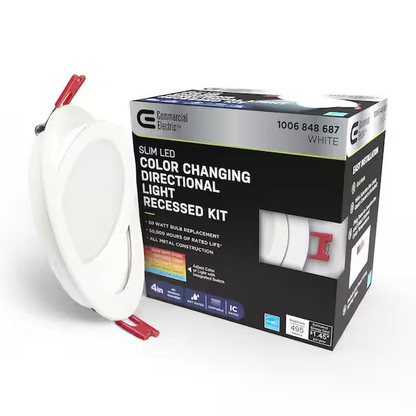Commercial Electric 1006 848 687 | Ultra Directional Integrated LED 4 in Round Adj Color Temp Canless Recessed Light for Kitchen Bath Living rooms, White