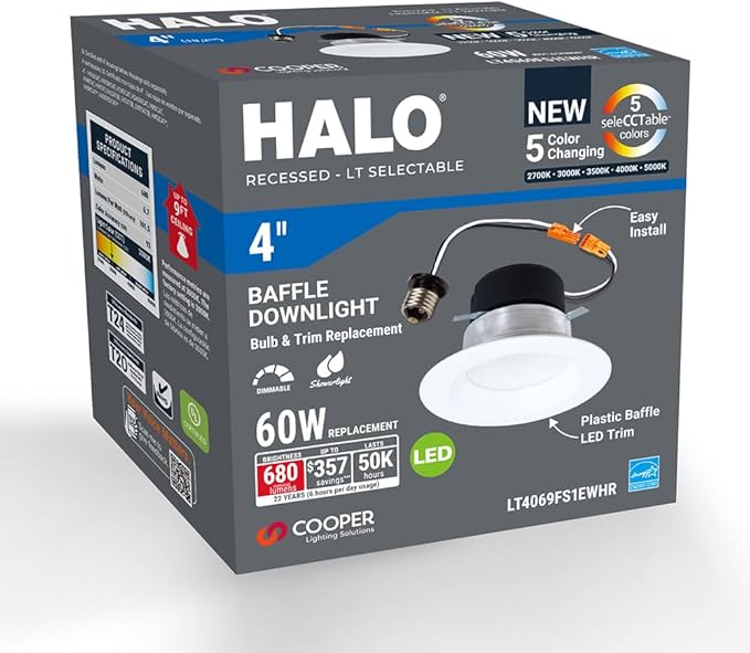 Halo LT4069FS351EWHR | LT 4 Inch Recessed Light Trim, 5 Color Temperatures, Dimmable Baffle Can Light -LT4069FS1EWHR