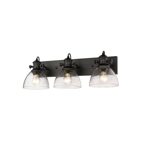Golden Lighting 3118-BA3 BLK-SD | Hines 3 Light 25 inch Matte Black Bath Vanity Wall Light in Seeded Glass