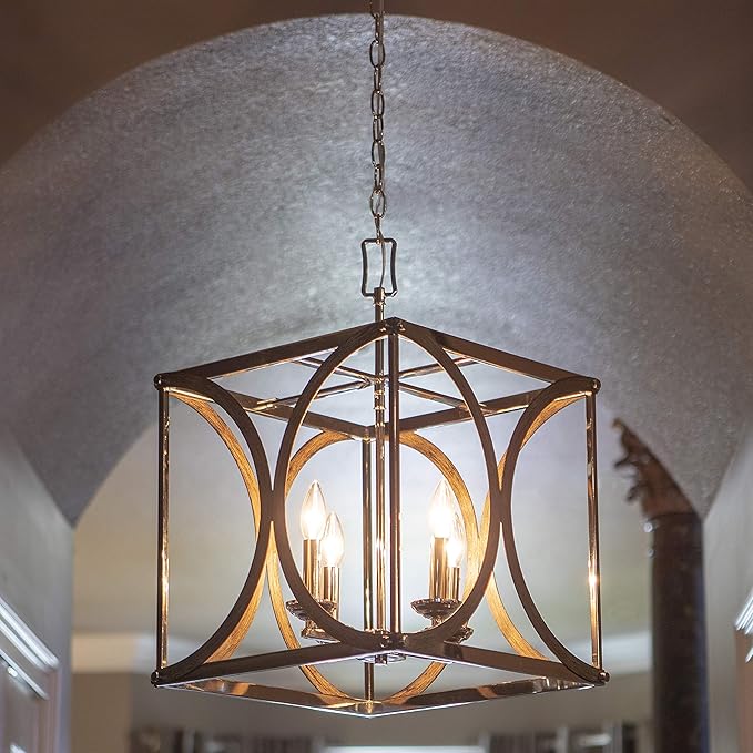 Decor Therapy CH1972 | Leith 4-Light Polished Nickel and Wood Modern/Contemporary Square Hanging Pendant Light