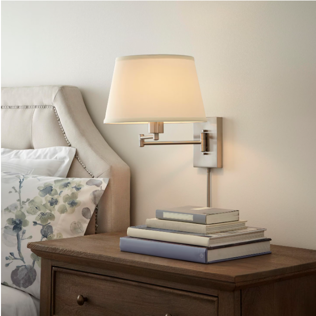 Hampton Bay 1001 653 447 | Hutchinson 5.9 in. 1-Light Brushed Nickel Modern Wall Sconce with White Fabric Shade and Swing Arm