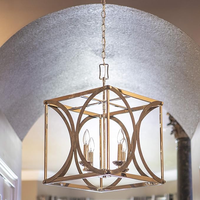 Decor Therapy CH1972 | Leith 4-Light Polished Nickel and Wood Modern/Contemporary Square Hanging Pendant Light