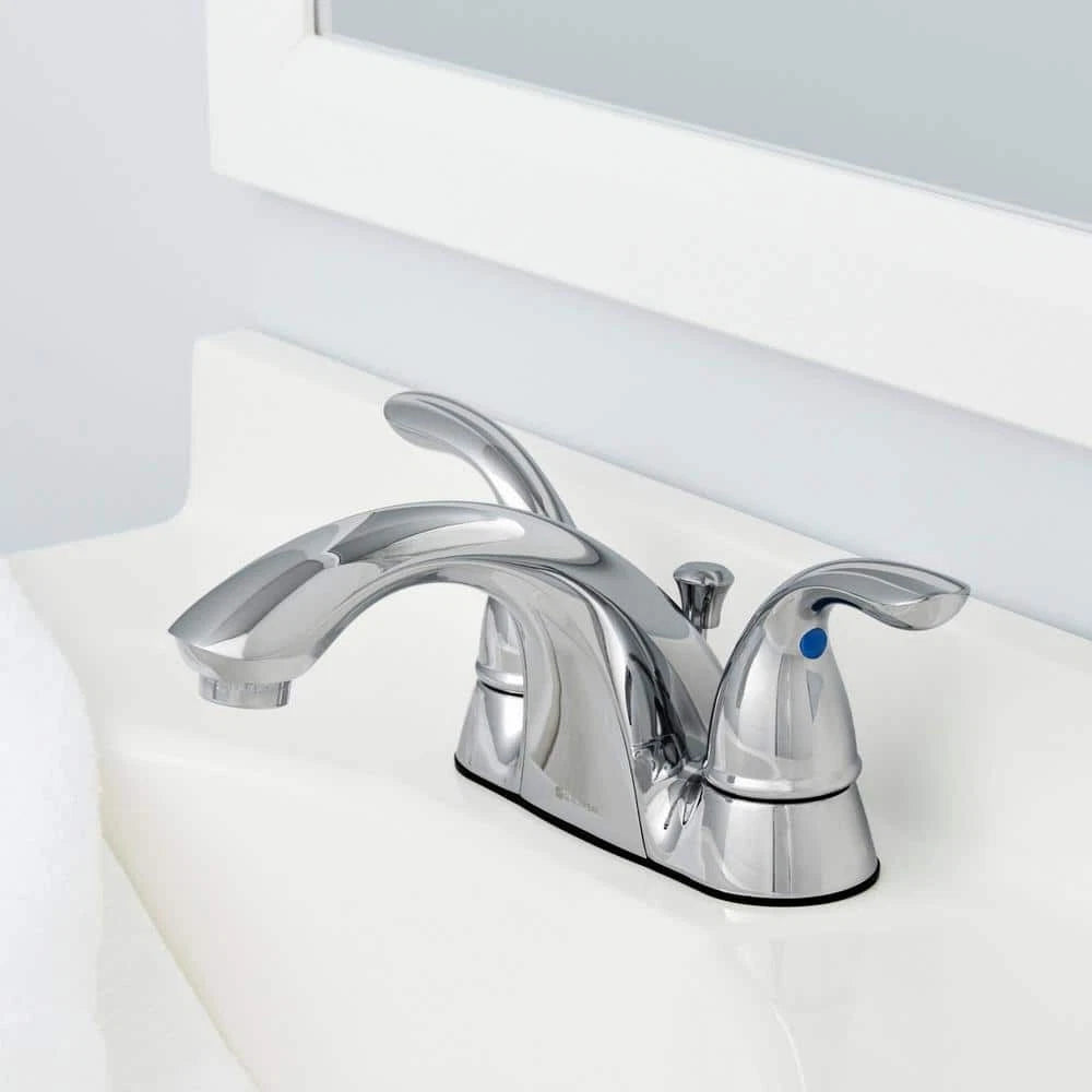Glacier Bay 505 838 | Builders 4 in. Centerset Double Handle Low-Arc Bathroom Faucet in Chrome