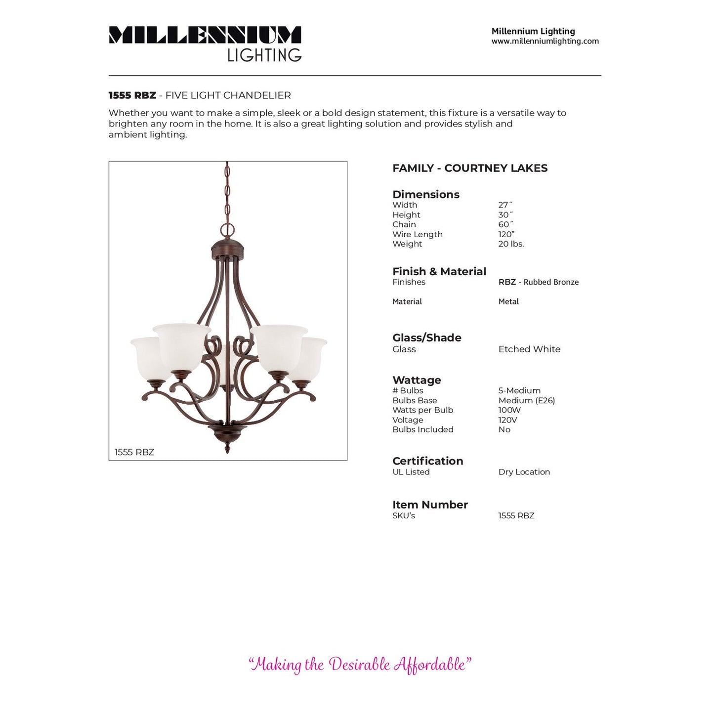 Millennium 1555-RBZ | Courtney Lakes 5 Light Chandelier Ceiling Fixture in Rubbed Bronze
