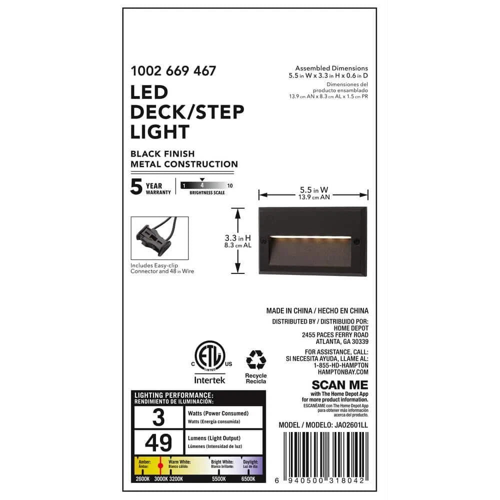 Hampton Bay 1002 669 467 | 49 Lumen 5.5 in. Low Voltage Black Integrated LED Deck Light