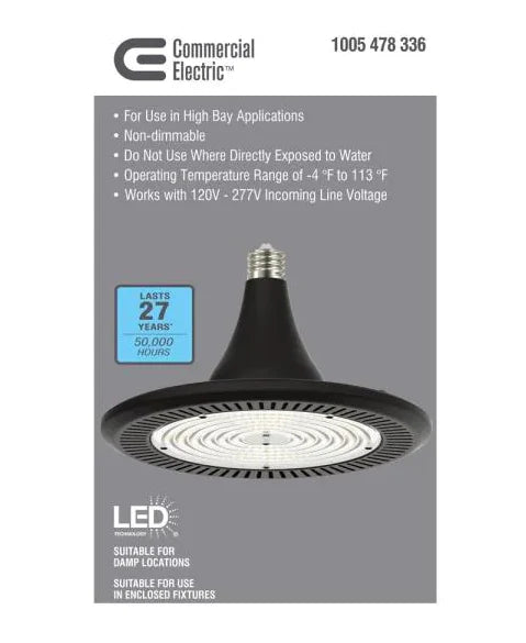 Commercial Electric 1005 478 336 | 1 Foot 400 Watt Equivalent Integrated LED Black High Bay Light 5000K