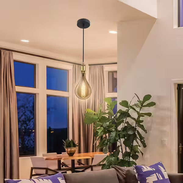 Feit Electric 304247838 | 4-Light Brass Hardwire Pendant Fixture W/ PS52 Dimmable Oversized Amber Glass E26 Vintage Edison Incandescent Light Bulb