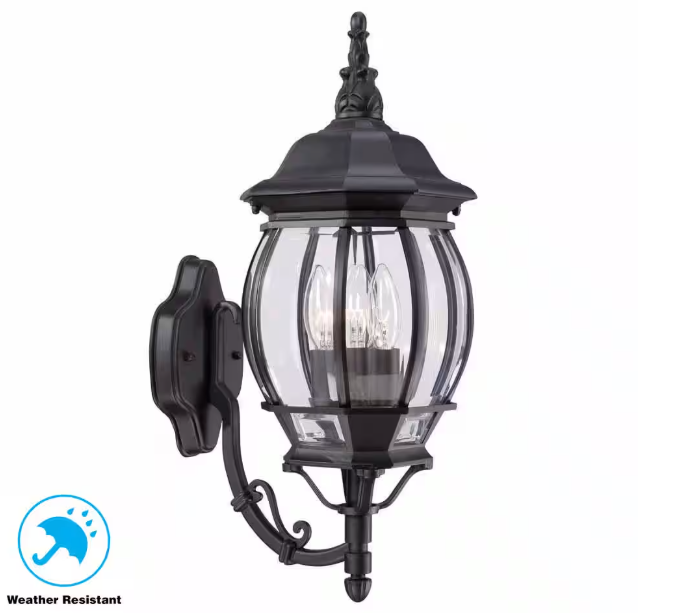 Hampton Bay 882 582 | Hampton Bay Black 3-Light Outdoor Line Voltage Hardwired Porch Light Wall Sconce with No Bulbs Included
