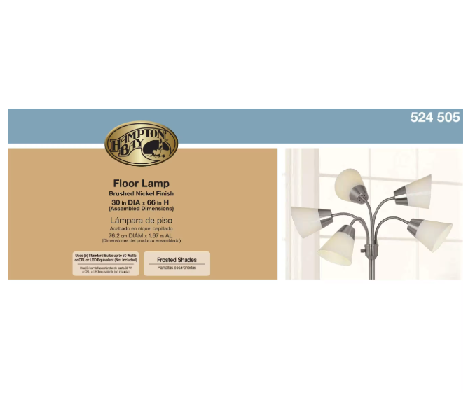 Hampton Bay 524 505 | 66 in. Satin Nickel Floor Lamp with 5 Plastic Bell Shades