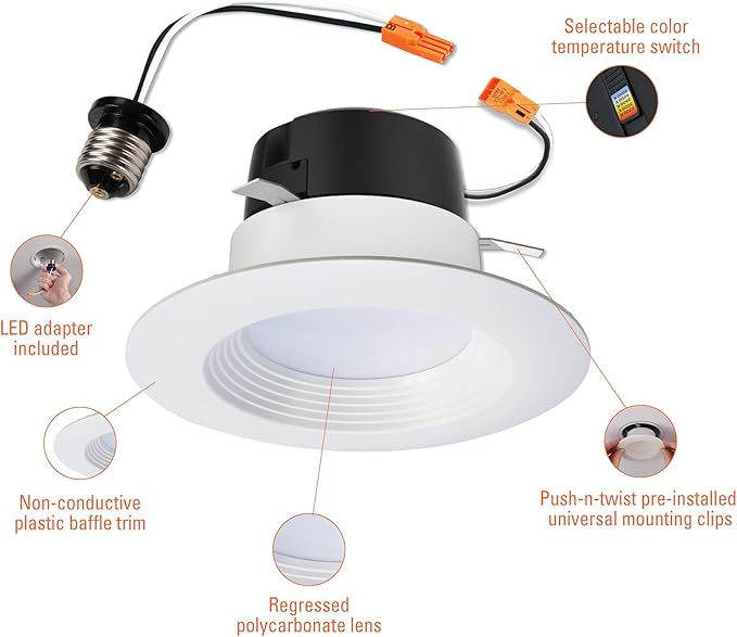 Halo LT4069FS351EWHR | LT 4 Inch Recessed Light Trim, 5 Color Temperatures, Dimmable Baffle Can Light -LT4069FS1EWHR