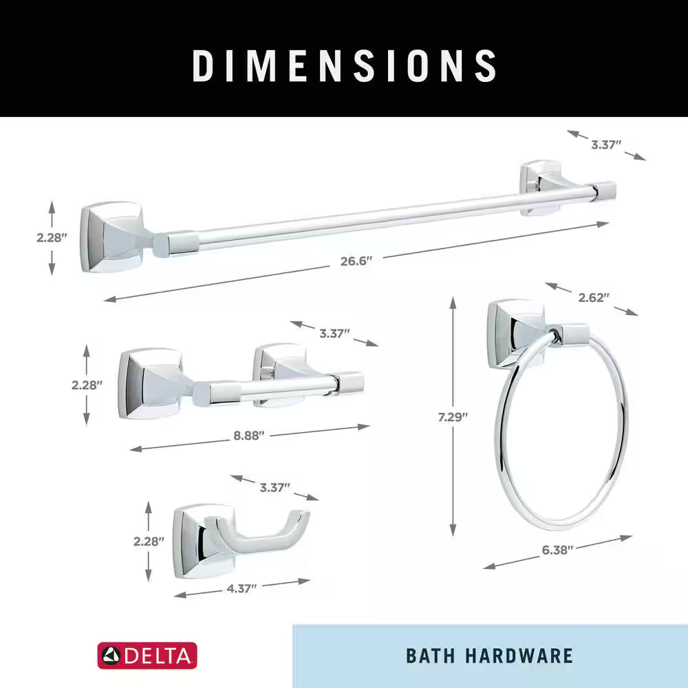 Delta PWD64-PC | Portwood 4-Piece Bath Hardware Set with 24 in. Towel Bar, Toilet Paper Holder, Towel Ring, Towel Hook in Polished Chrome