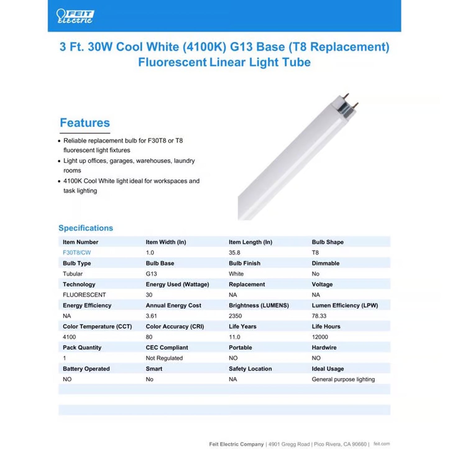 Feit Electric F30T8/CW | 30W T8 Fluorescent Bulb Cool White Linear 4100K