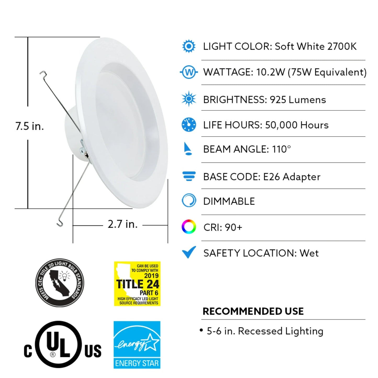 Feit Electric LEDR56 | Feit Electric Enhance 5-6 in. Trim LED 10.2W (75W Eq.) 925 Lumens 2700K White Recessed Light