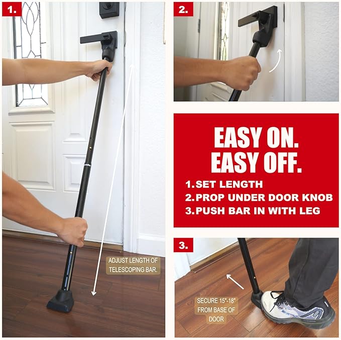 SecurityMan SECURITYBARB | SECURITYMAN 2-in-1 Door Security Bar & Sliding Door Security Bar - Door Jammer Constructed of High Grade Iron - Black Door Stoppers Security Bar