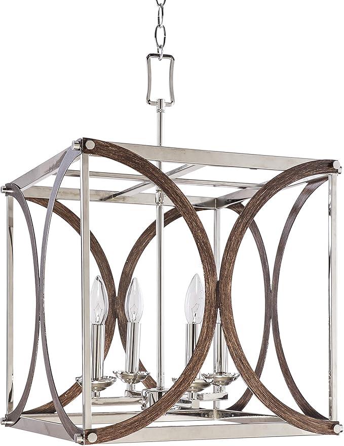 Decor Therapy CH1972 | Leith 4-Light Polished Nickel and Wood Modern/Contemporary Square Hanging Pendant Light