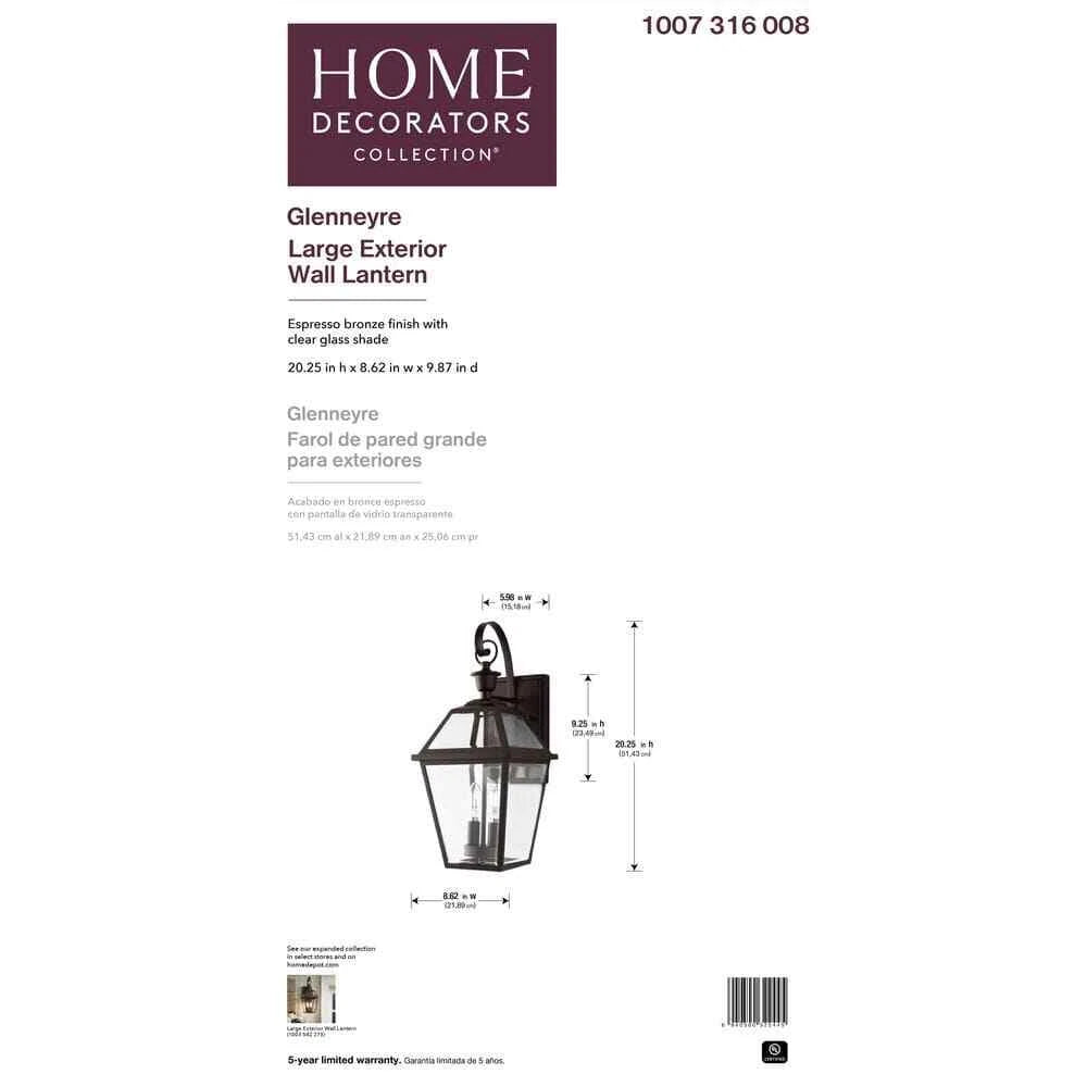Home Decorators Collection 1007 316 006 | Glenneyre 20.25 in. 2-Light Espresso Bronze Hardwired Outdoor Wall Light Lantern Sconce with Clear Glass (1-Pack)