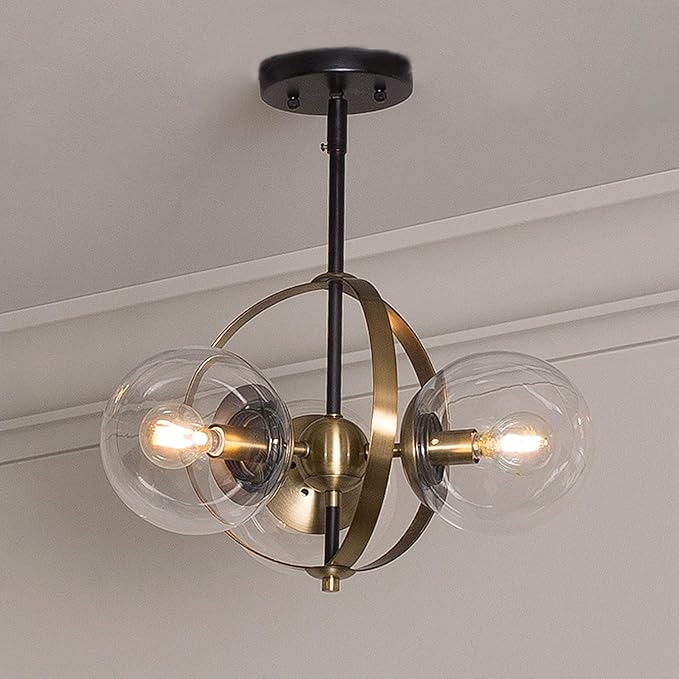 Decor Therapy CH1862 | 3-Light 17-in Black Metal and Antique Brass Semi-flush Mount Light