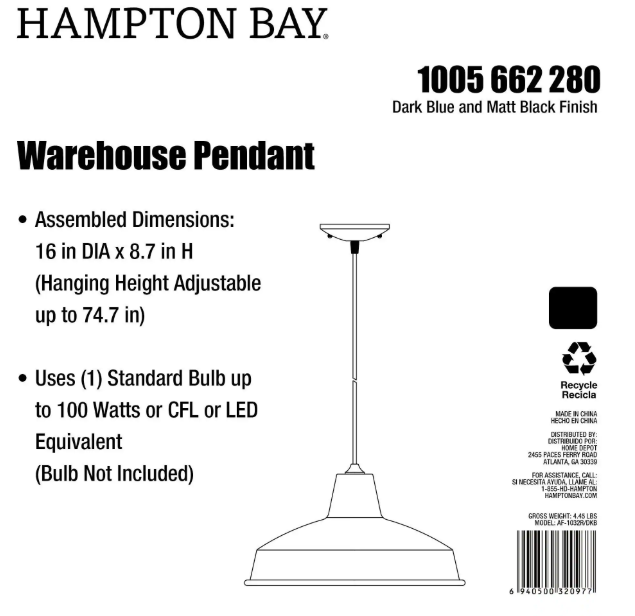 Hampton Bay 1005 662 280 | 1-Light Dark Blue Warehouse Pendant with Metal Shade