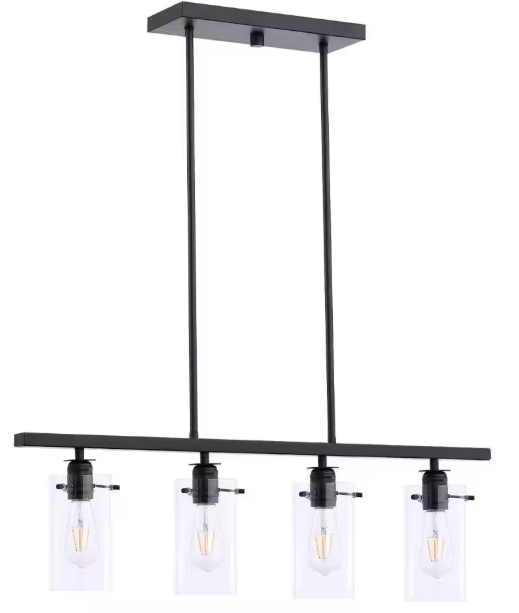 Hampton Bay 1006 322 810 | Regan 4-Light Matte Black Island Chandelier with Clear Glass Shades, Industrial Linear Kitchen Pendant Light