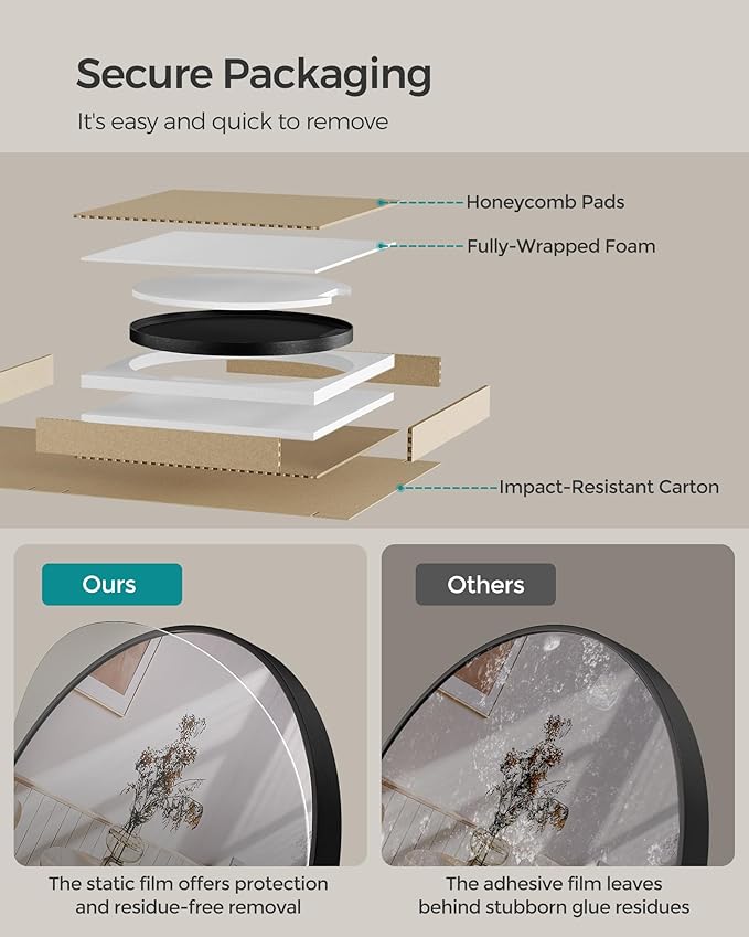 Songmics LWM103B01 | Round Mirror for Bathroom or Living Room, Black