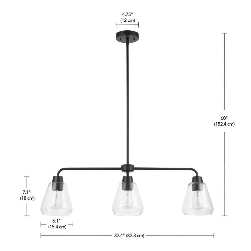 Hampton Bay 6700 0062 | Granby 3-Light Matte Black Linear Chandelier with Glass Shades