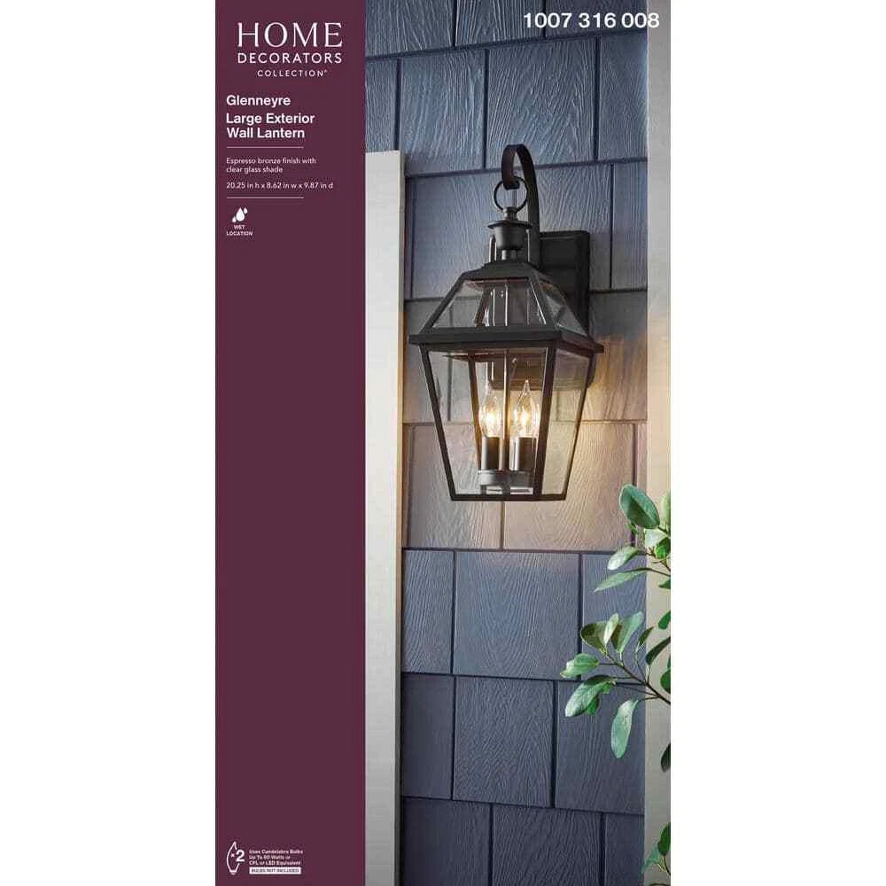 Home Decorators Collection 1007 316 006 | Glenneyre 20.25 in. 2-Light Espresso Bronze Hardwired Outdoor Wall Light Lantern Sconce with Clear Glass (1-Pack)