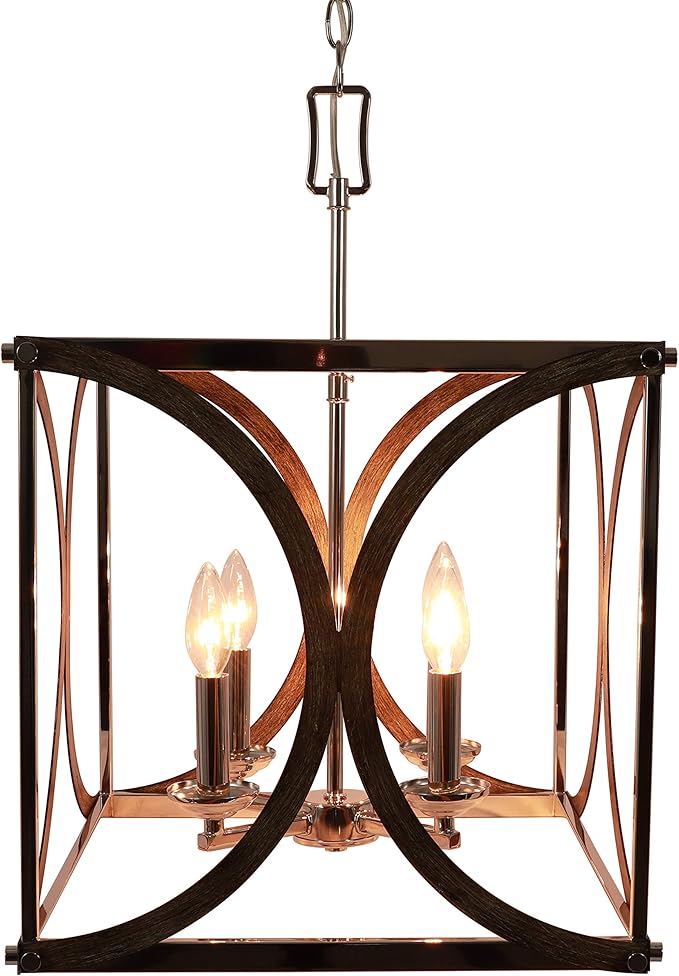 Decor Therapy CH1972 | Leith 4-Light Polished Nickel and Wood Modern/Contemporary Square Hanging Pendant Light
