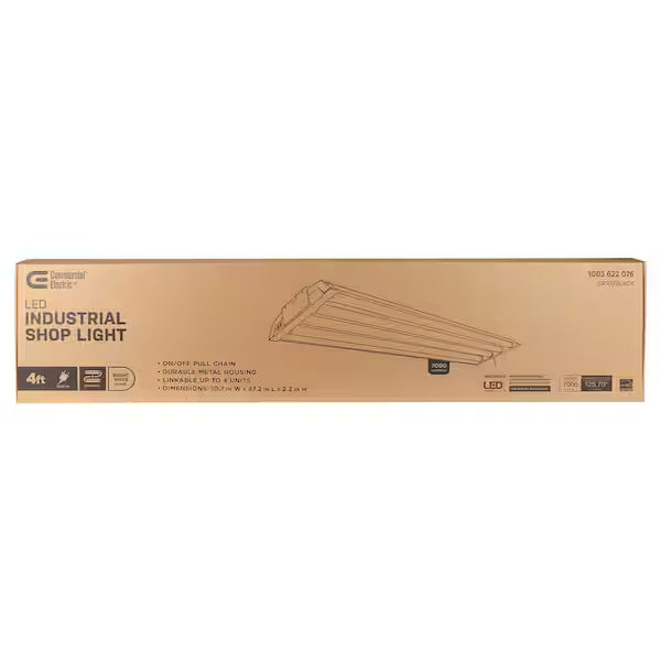 Commercial Electric 1003 622 076 | 4 ft. 80-Watt 4000K Bright White 4-Light 7000 Lumens Gray Integrated LED Linkable Hanging Shop Light with Pull Chain