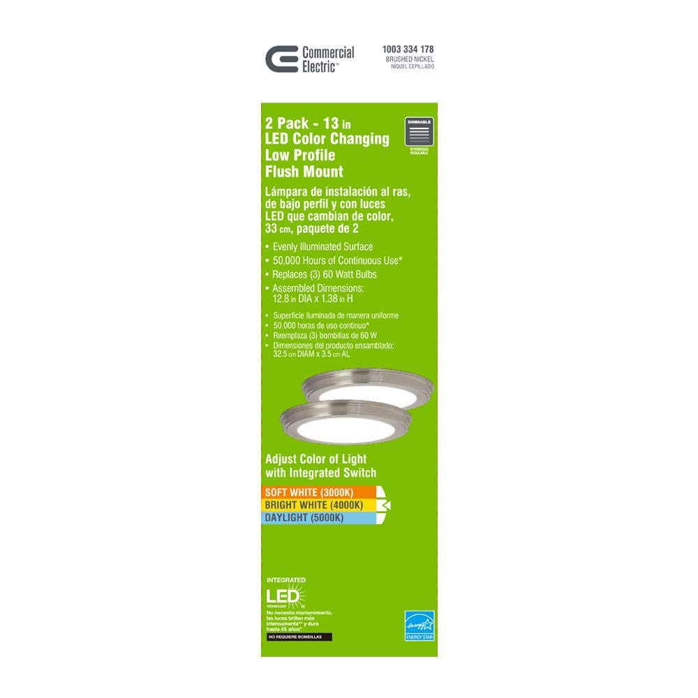 Commercial Electric 1003 334 178 | (2-Pack) 13 in. Brushed Nickel Color Changing LED Ceiling Flush Mount