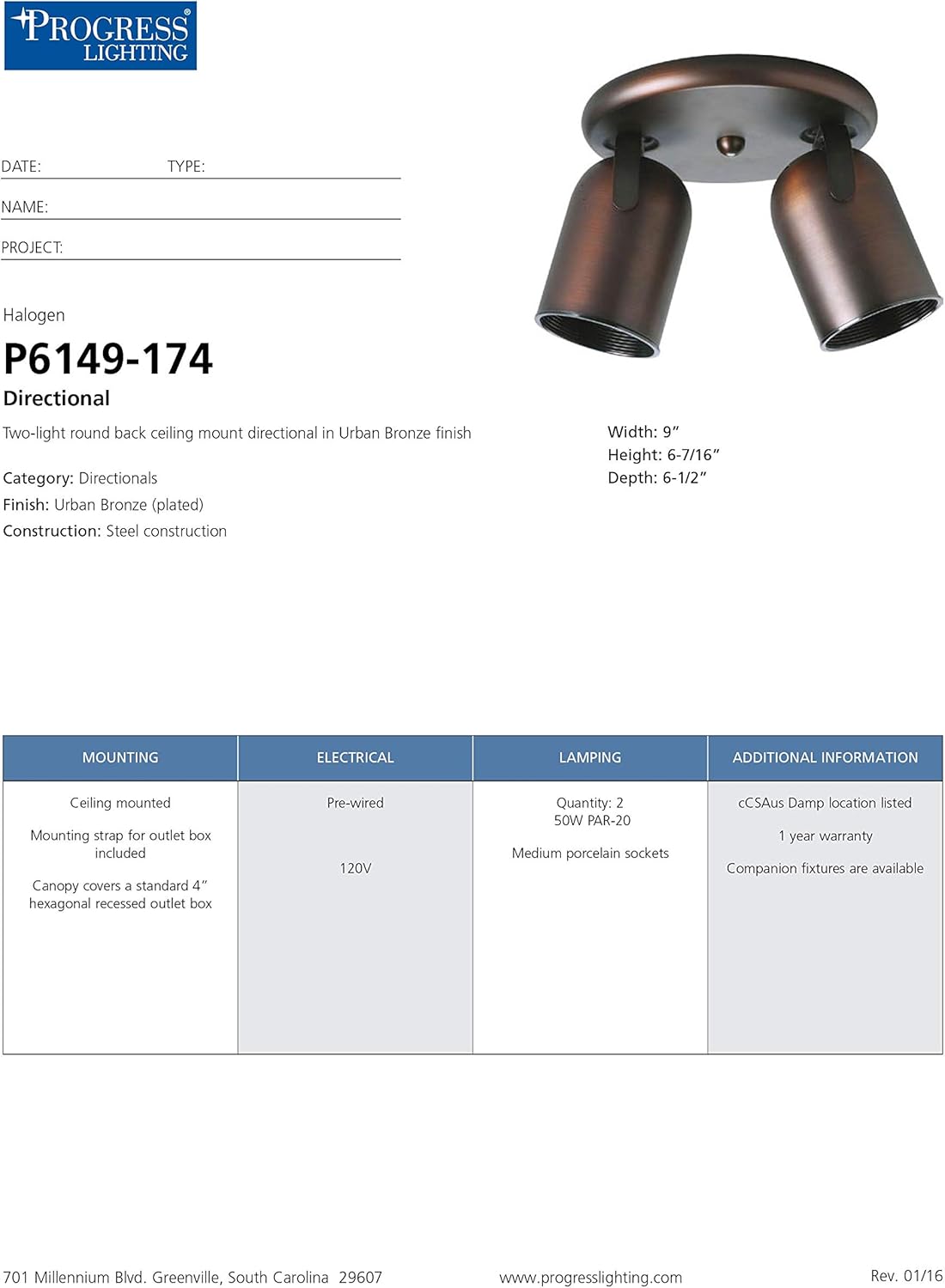 Progress Lighting P6149-174 | Two-Light Multi Directional Roundback Wall/Ceiling Fixture
