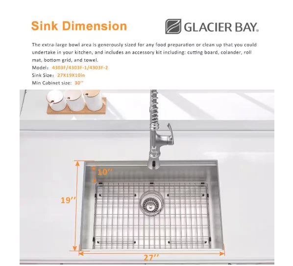 Glacier Bay 1004094255 | Zero Radius 27 in. Undermount Single Bowl 18 Gauge Stainless Steel Kitchen Sink with Accessories