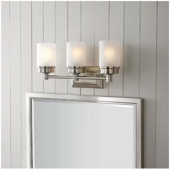 Hampton Bay 1001 220 862 | Cade 20.25 in. 3-Light Brushed Nickel Bathroom Vanity Light Fixture with Frosted Glass Shades