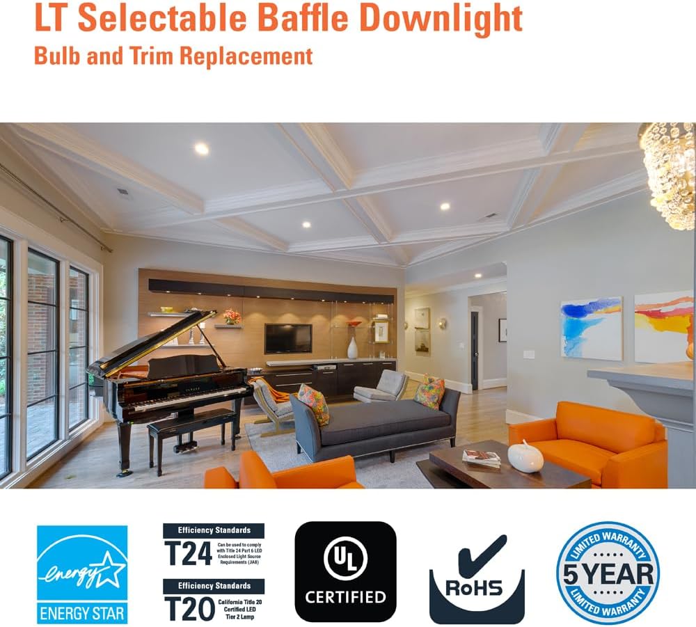 Halo LT4069FS351EWHR | LT 4 Inch Recessed Light Trim, 5 Color Temperatures, Dimmable Baffle Can Light -LT4069FS1EWHR