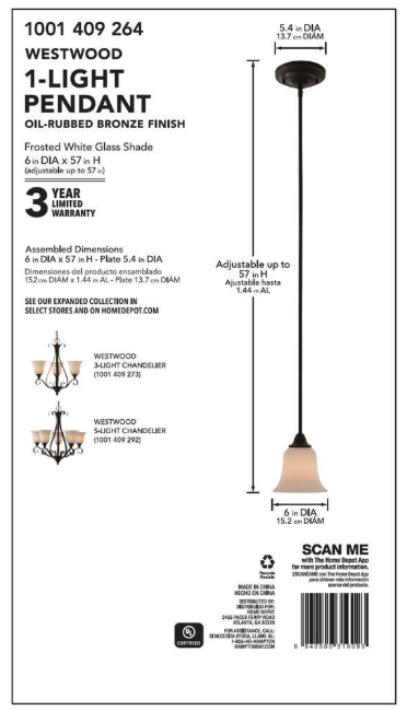 Hampton Bay 1001 409 264 | 1-Light Oil Rubbed Bronze Mini Pendant with Frosted White Glass Shade