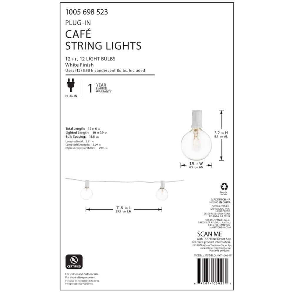 Hampton Bay 1005 698 523 | 12-Light 12 ft. Outdoor/Indoor Plug-In Incandescent G50 Bulb String Light
