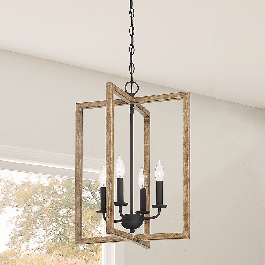 Hatteras Pendant BD21039-BOW | 4-Light Matte Black Rectangle Mini-Pendant with Wood Accents